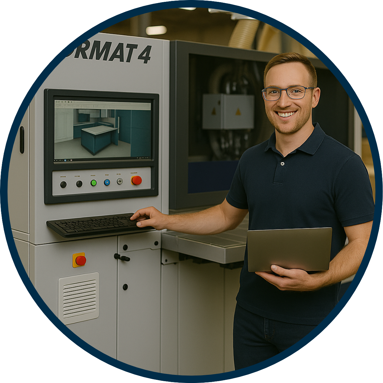 Operator using CAD+T Software with a Felder Format-4 C-Express CNC machine to process a cabinet design for woodworking production.