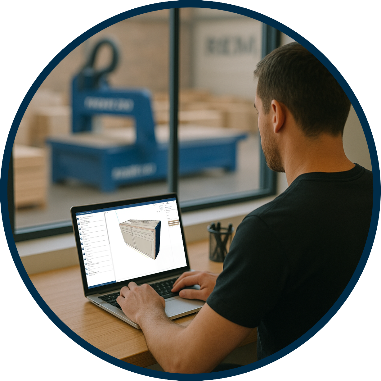 Woodworking professional using the CAD+T CAM configurator on a laptop to prepare cabinet design for CNC machining in a workshop.