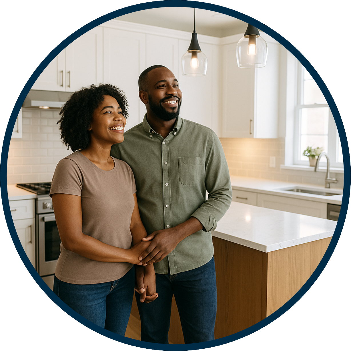 Smiling couple enjoying their newly completed kitchen interior, created with CAD+T Software and Lumion visualization, showcasing customer satisfaction with the final woodworking project.