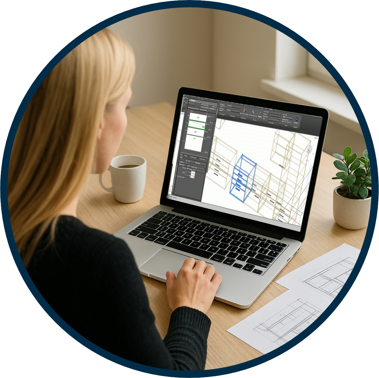 Designer using CAD+T Software on a laptop to create 3D furniture models during the design stage, with technical drawings on the desk.