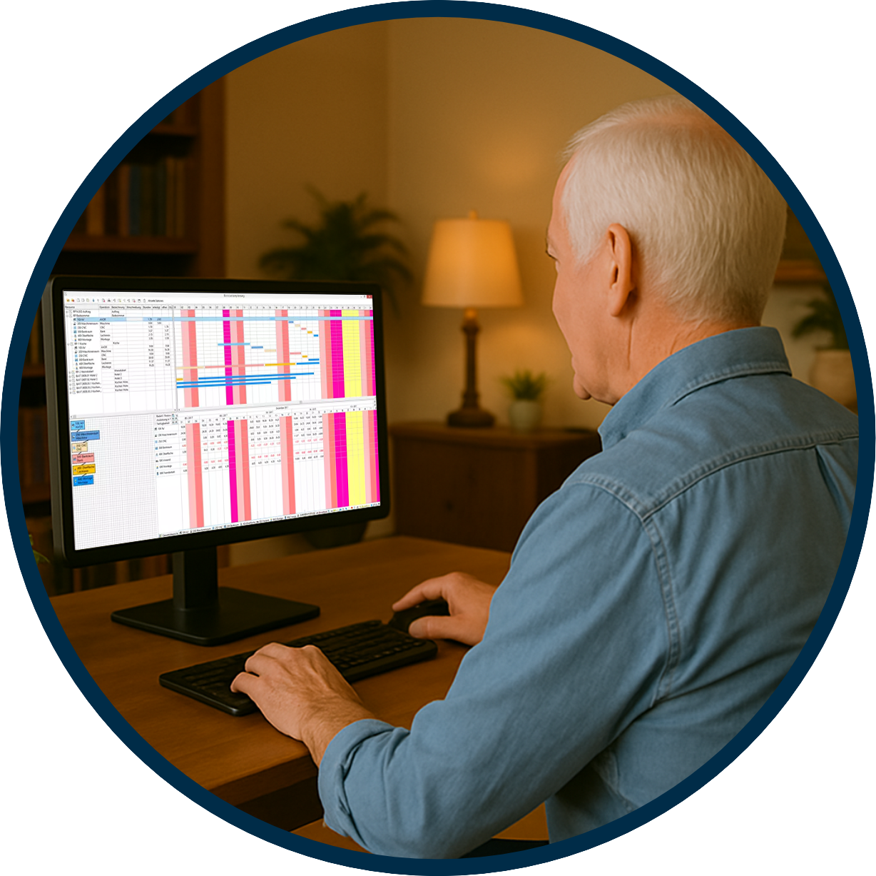 Manager using CAD+T ERP software for woodworking to review BOM, material stock, capacity planning, and cost comparison on a desktop computer.