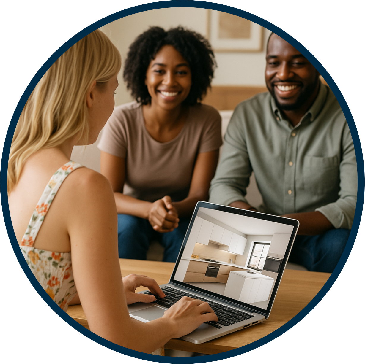 Interior designer presenting a CAD+T and Lumion 3D rendered kitchen design to clients on a laptop during the customer presentation stage.