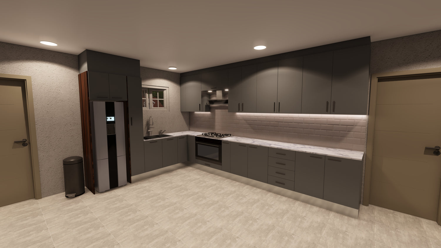 Photorealistic kitchen interior rendered with CAD+T and Lumion, showcasing the final design stage of furniture and cabinetry visualization.