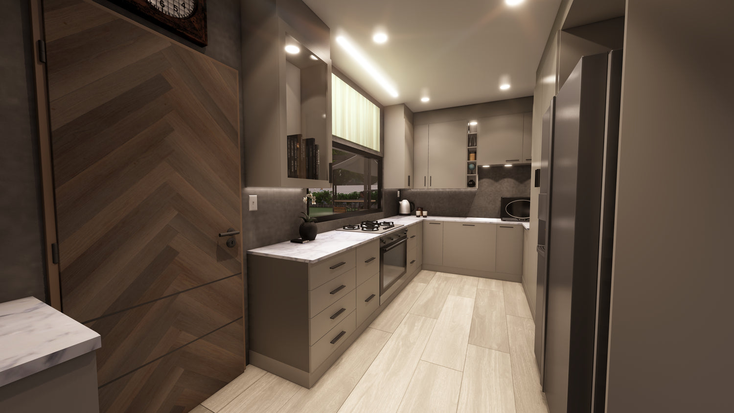 Photorealistic kitchen interior rendered with CAD+T and Lumion, showcasing the final design stage of furniture and cabinetry visualization.