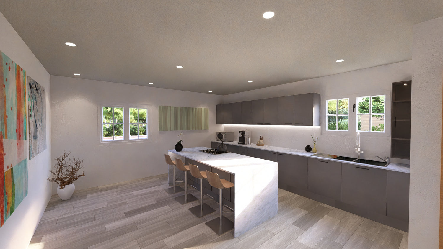 Photorealistic kitchen interior rendered with CAD+T and Lumion, showcasing the final design stage of furniture and cabinetry visualization.