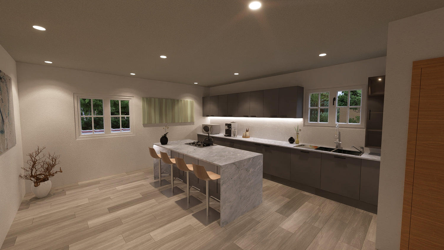 Photorealistic kitchen interior rendered with CAD+T and Lumion, showcasing the final design stage of furniture and cabinetry visualization.