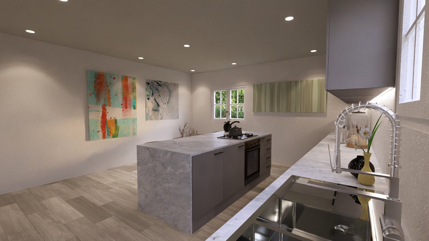 Photorealistic kitchen interior rendered with CAD+T and Lumion, showcasing the final design stage of furniture and cabinetry visualization.