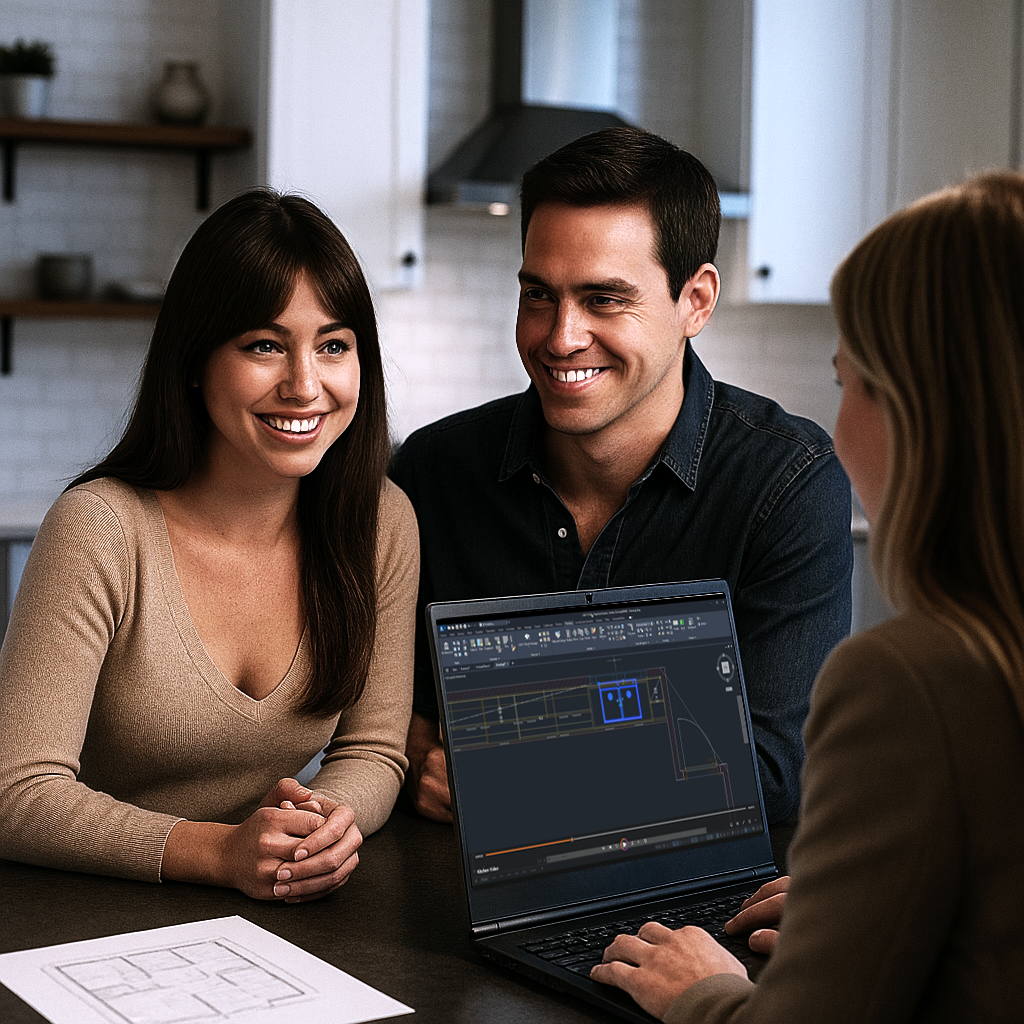 nterior designer presenting a CAD+T Software 3D furniture design to clients on a laptop, highlighting the CAD+T modules for Design, Visualization, Configurator, CNC, and ERP.